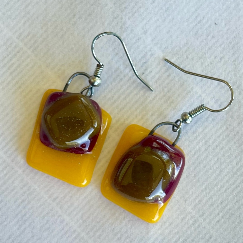 Vintage Artisan Handmade Fused Glass Earrings Gold and Brown